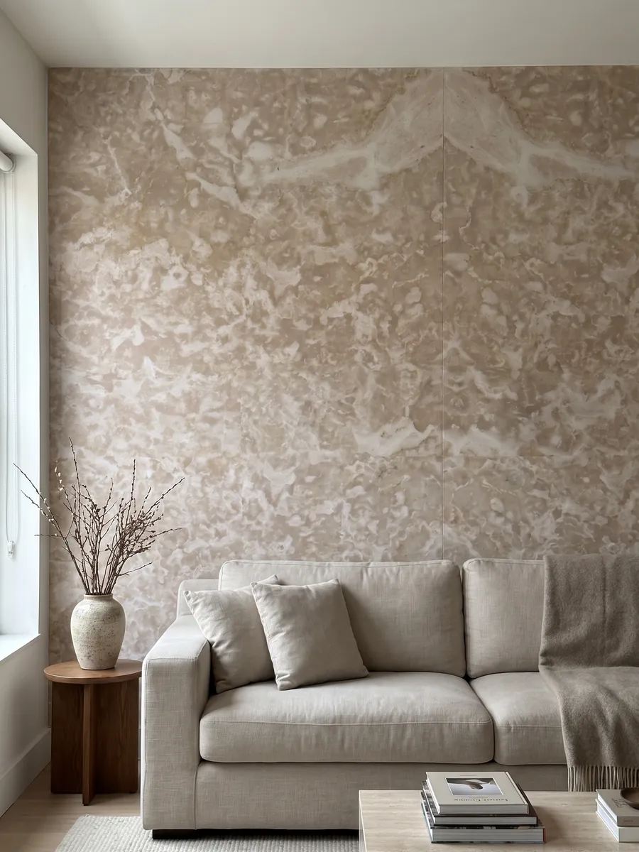 Pared de sala revestida con placas de mármol beige Botticino Fiorito abiertas en libro detrás de un sofá: beige rosado con manchas claras irregulares tipo flor repartidas