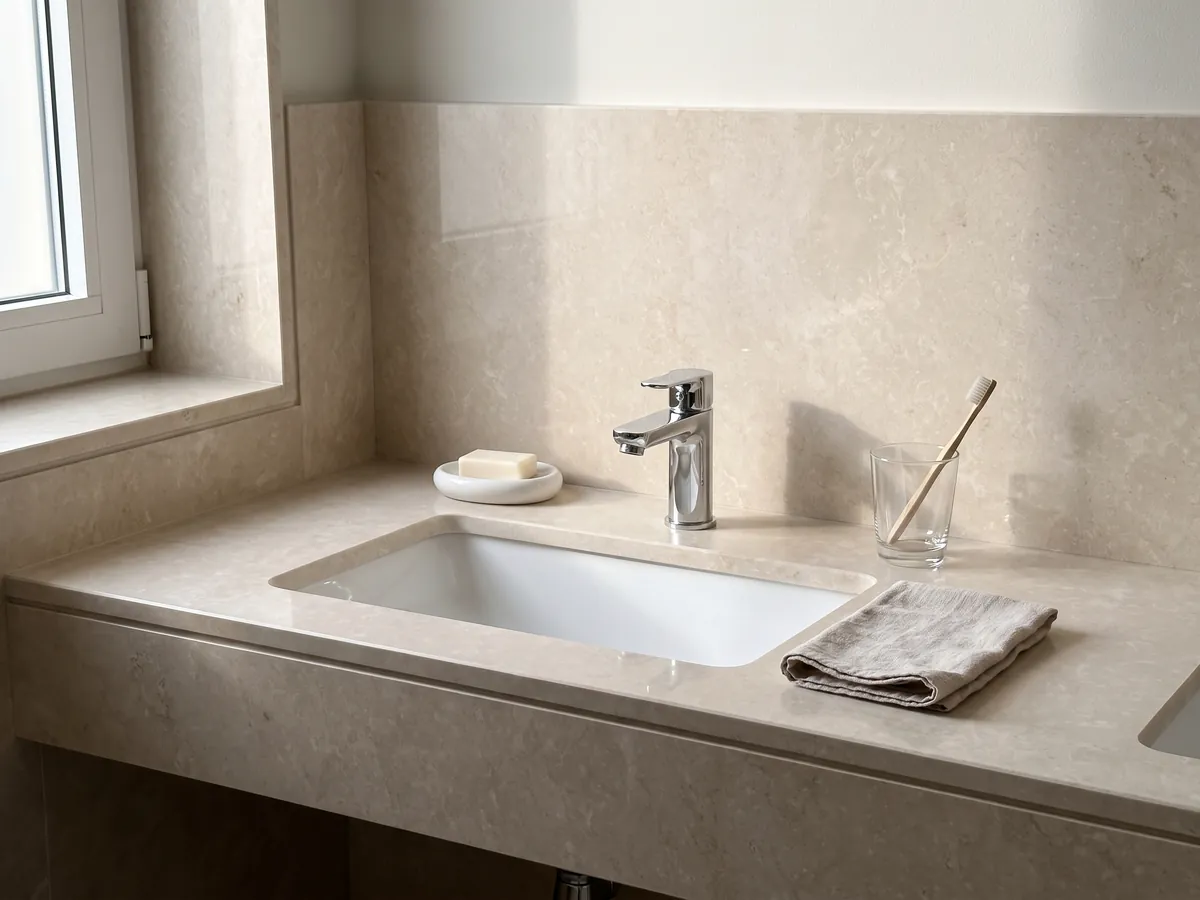 Cubierta de lavabo y pared de baño en mármol beige Botticino Light con lavamanos blanco y grifería cromada: beige claro muy uniforme vista como placa completa