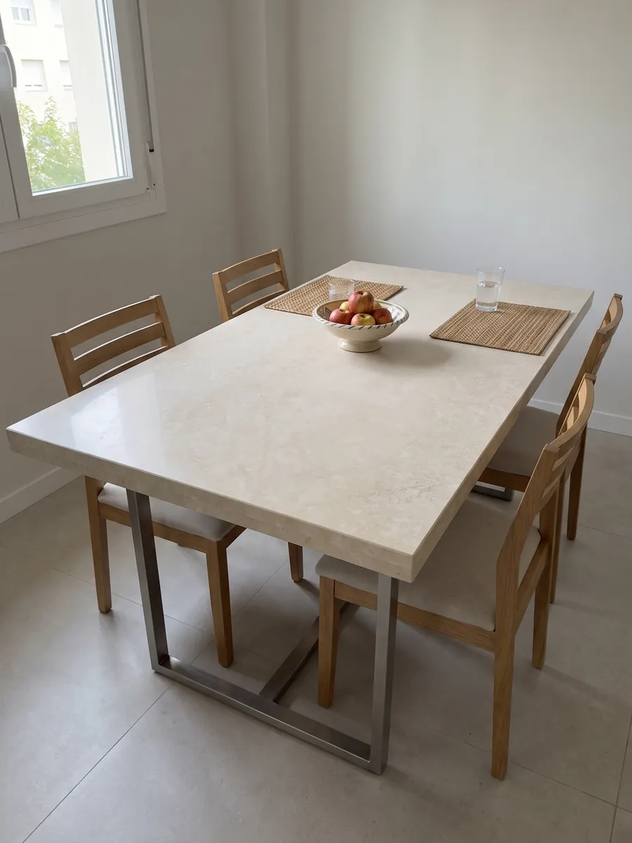 Mesa de comedor con cubierta de mármol beige Botticino Light sobre base de acero: beige claro muy uniforme vista como placa completa