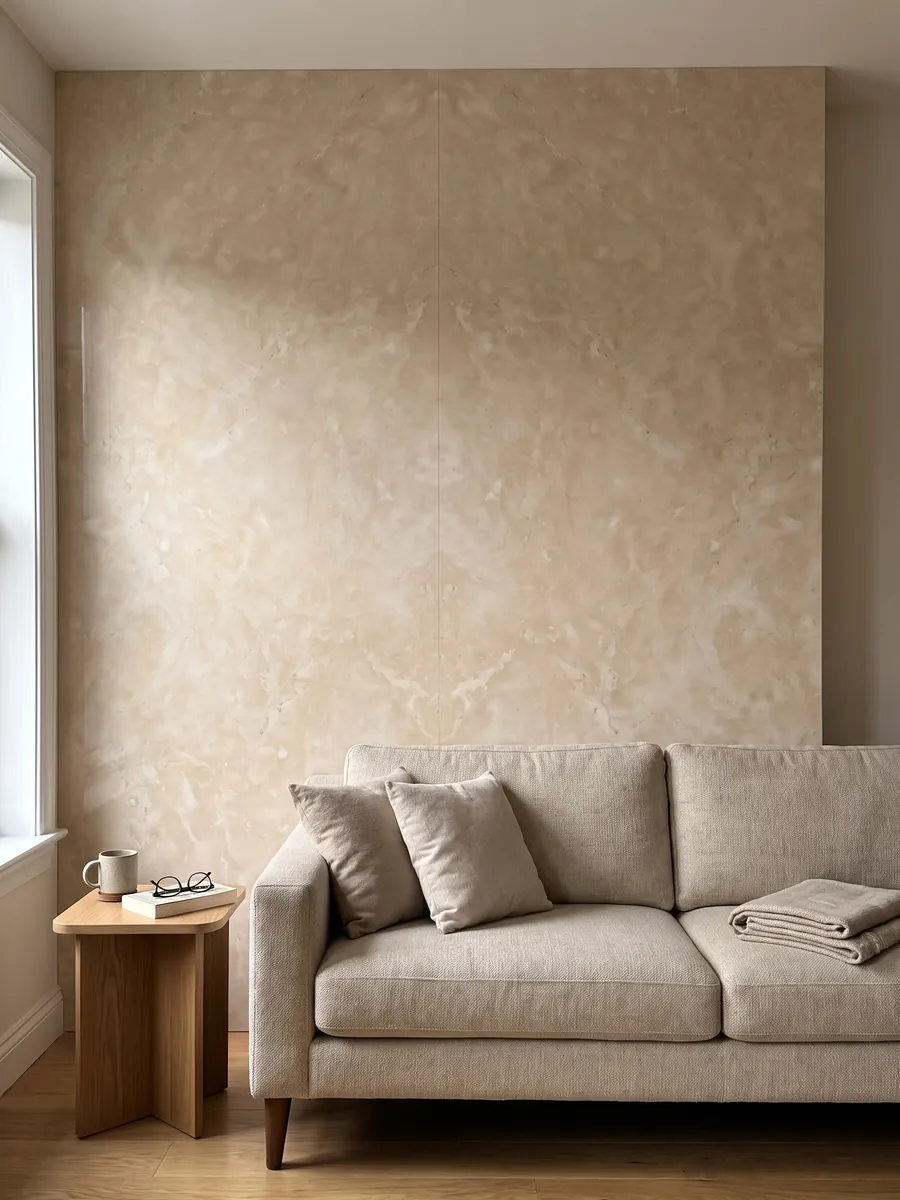 Pared de sala revestida con placas de mármol beige Botticino abiertas en libro detrás de un sofá: crema cálido casi uniforme con nubes suaves