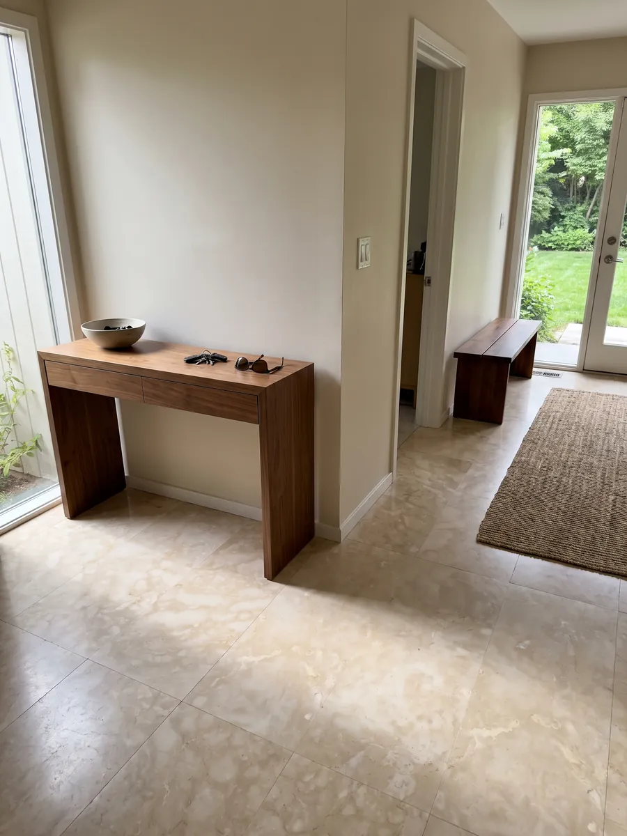 Piso de recibidor en placas grandes de mármol beige Botticino con luz natural: crema cálido casi uniforme con nubes suaves