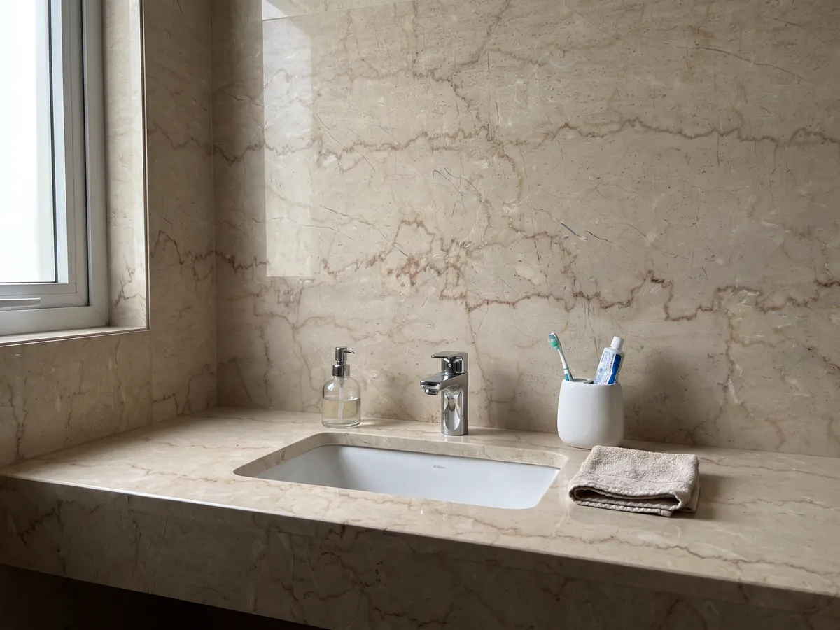 Cubierta de lavabo y pared de baño en mármol beige Botticino Semiclassico con lavamanos blanco y grifería cromada: beige crema con líneas finas dentadas horizontales marrón rojizo
