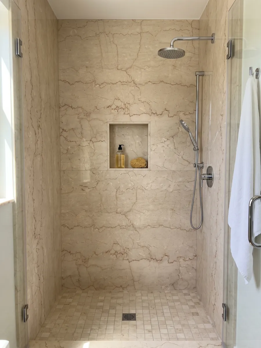 Ducha revestida con placas enteras de mármol beige Botticino Semiclassico con nicho empotrado: beige crema con líneas finas dentadas horizontales marrón rojizo
