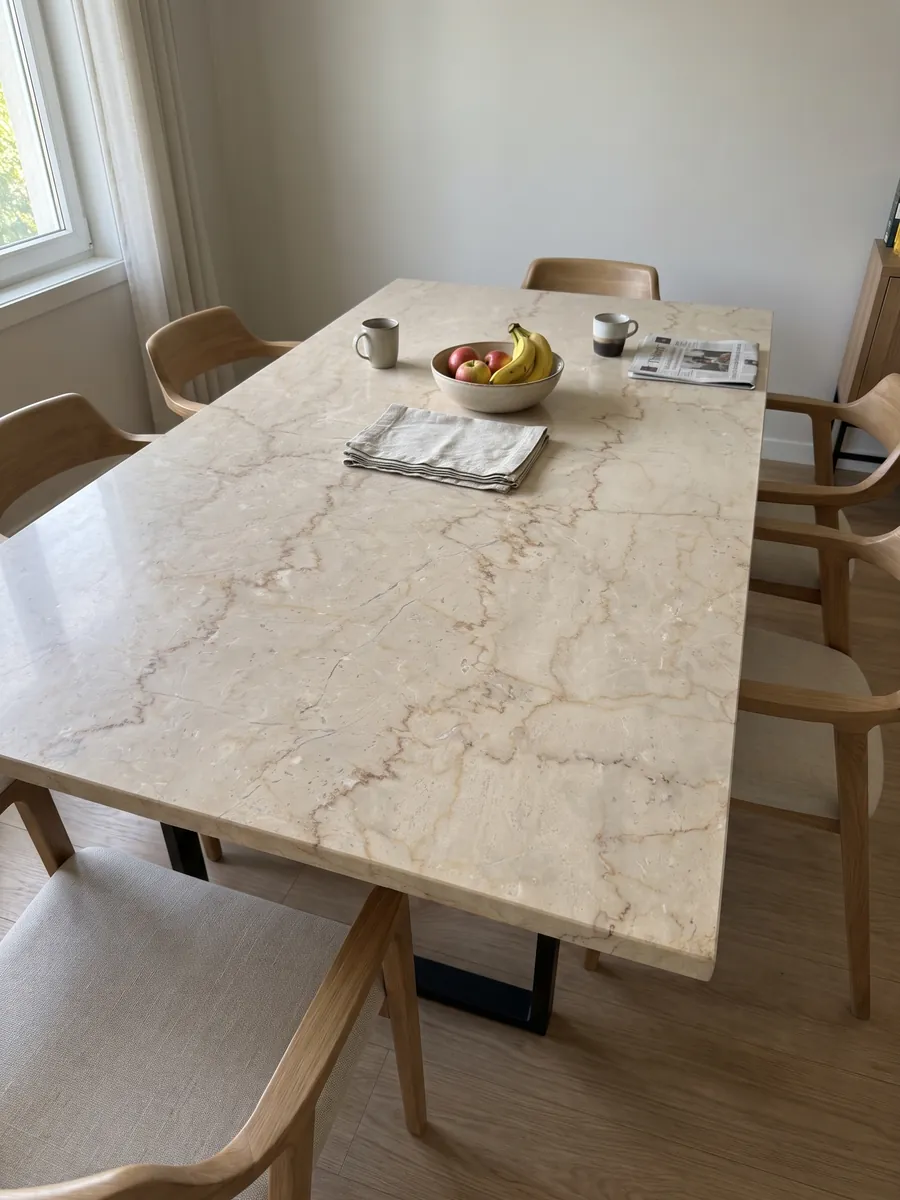 Mesa de comedor con cubierta de mármol beige Botticino Semiclassico sobre base de acero: beige crema con líneas finas dentadas horizontales marrón rojizo