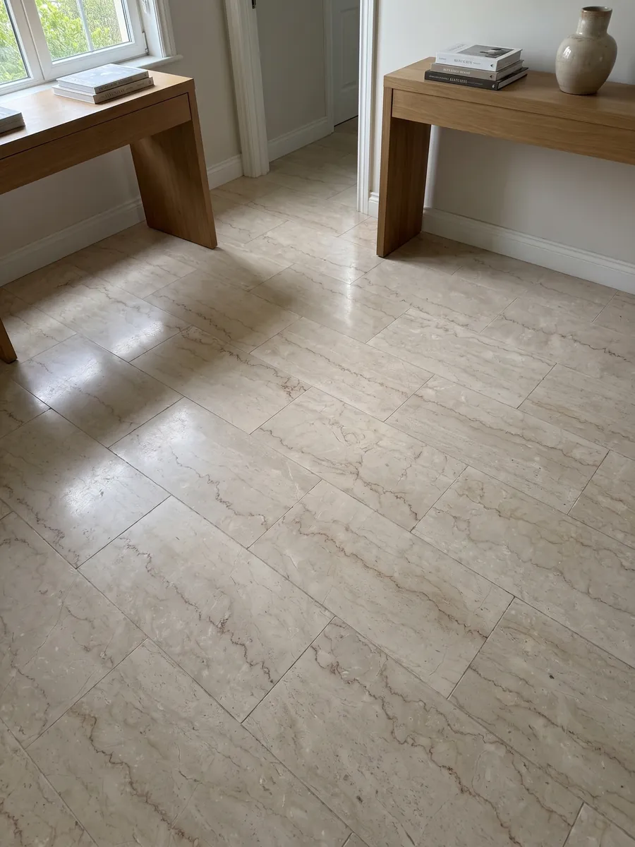 Piso de recibidor en placas grandes de mármol beige Botticino Semiclassico con luz natural: beige crema con líneas finas dentadas horizontales marrón rojizo
