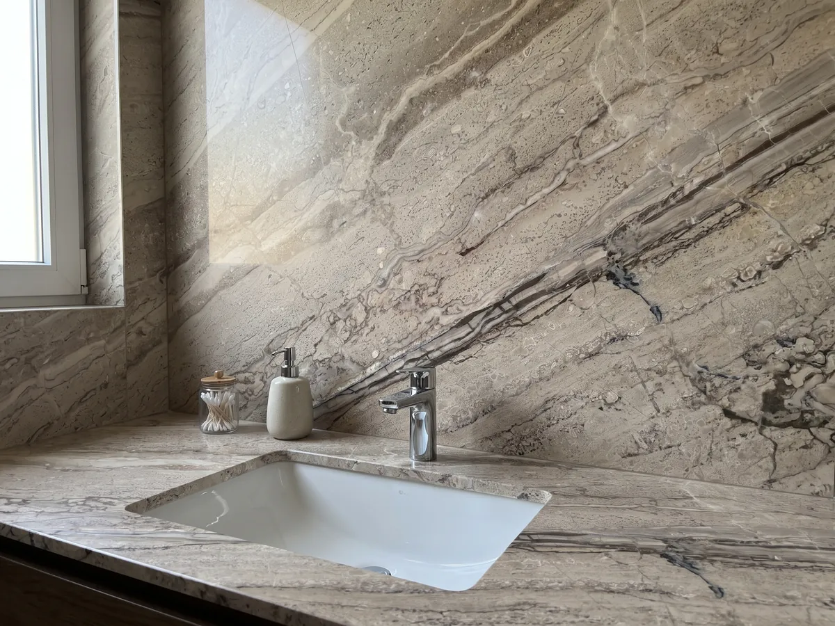 Cubierta de lavabo y pared de baño en mármol beige Breccia Aurora con lavamanos blanco y grifería cromada: beige grisáceo con vetas paralelas marrones en diagonal y zona más rayada abajo