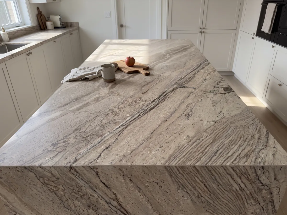 Isla de cocina con cubierta de mármol beige Breccia Aurora y canto recto en una cocina con luz natural: beige grisáceo con vetas paralelas marrones en diagonal y zona más rayada abajo