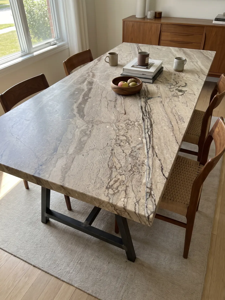 Mesa de comedor con cubierta de mármol beige Breccia Aurora sobre base de acero: beige grisáceo con vetas paralelas marrones en diagonal y zona más rayada abajo