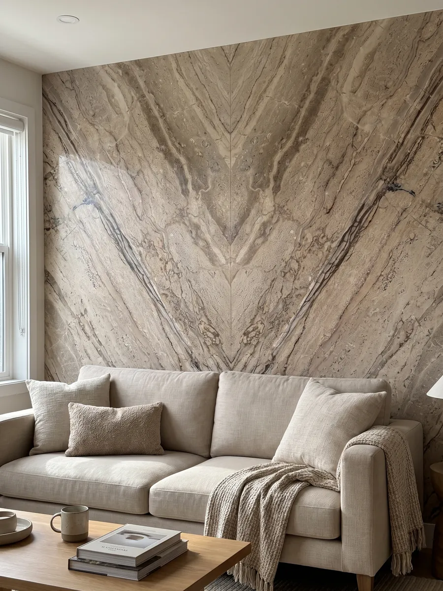 Pared de sala revestida con placas de mármol beige Breccia Aurora abiertas en libro detrás de un sofá: beige grisáceo con vetas paralelas marrones en diagonal y zona más rayada abajo