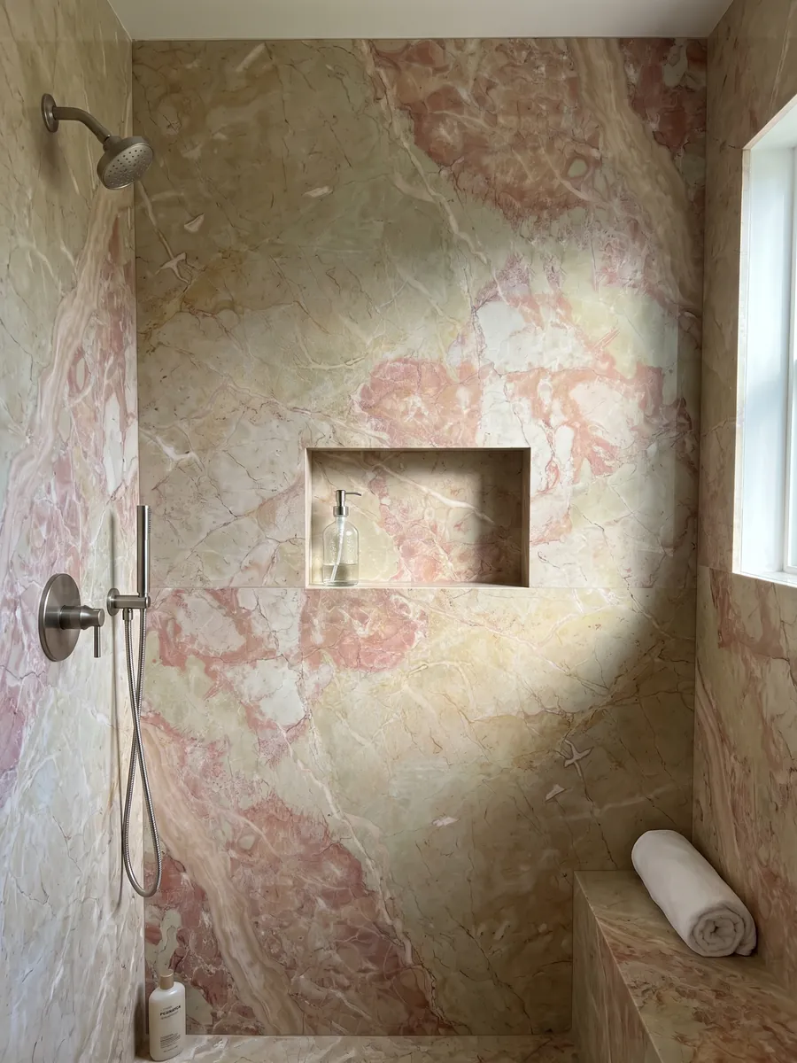 Ducha revestida con placas enteras de mármol beige Breccia D’Aragona con nicho empotrado: fragmentos beige verdosos grandes con manchas rosa coral en el borde izquierdo