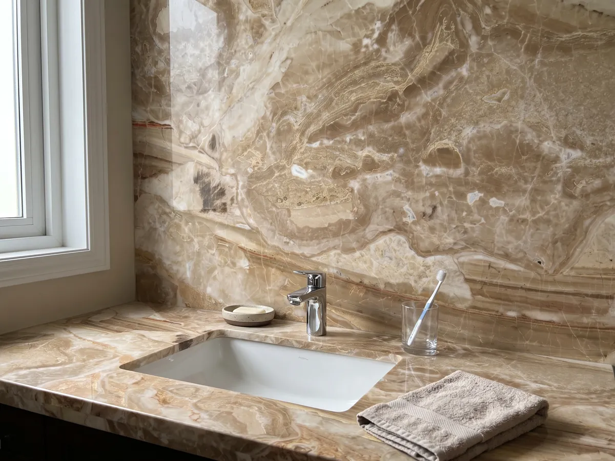 Cubierta de lavabo y pared de baño en mármol beige Breccia Oniciata con lavamanos blanco y grifería cromada: fragmentos beige dorado con ondas concéntricas y una banda marrón rayada abajo