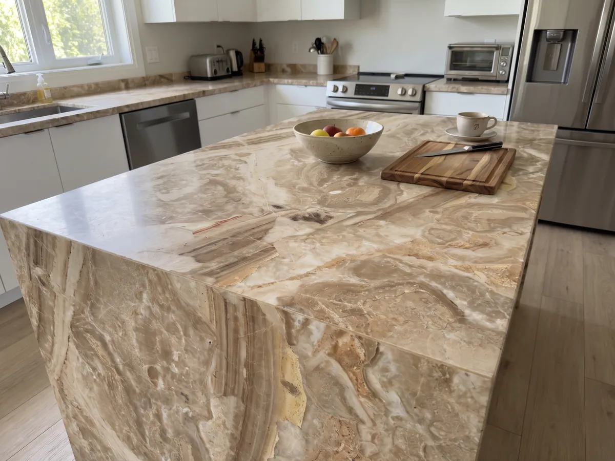 Isla de cocina con cubierta de mármol beige Breccia Oniciata y canto recto en una cocina con luz natural: fragmentos beige dorado con ondas concéntricas y una banda marrón rayada abajo