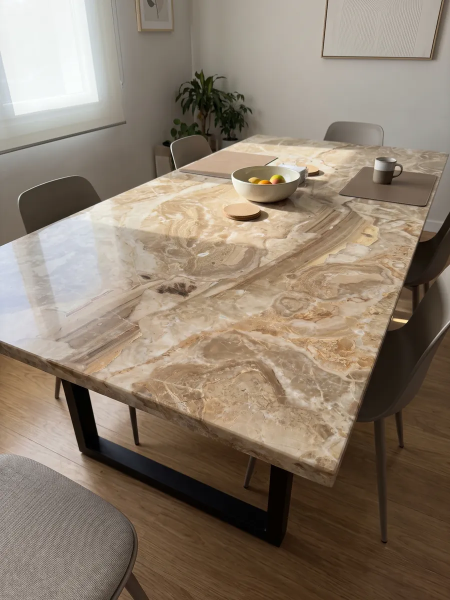 Mesa de comedor con cubierta de mármol beige Breccia Oniciata sobre base de acero: fragmentos beige dorado con ondas concéntricas y una banda marrón rayada abajo