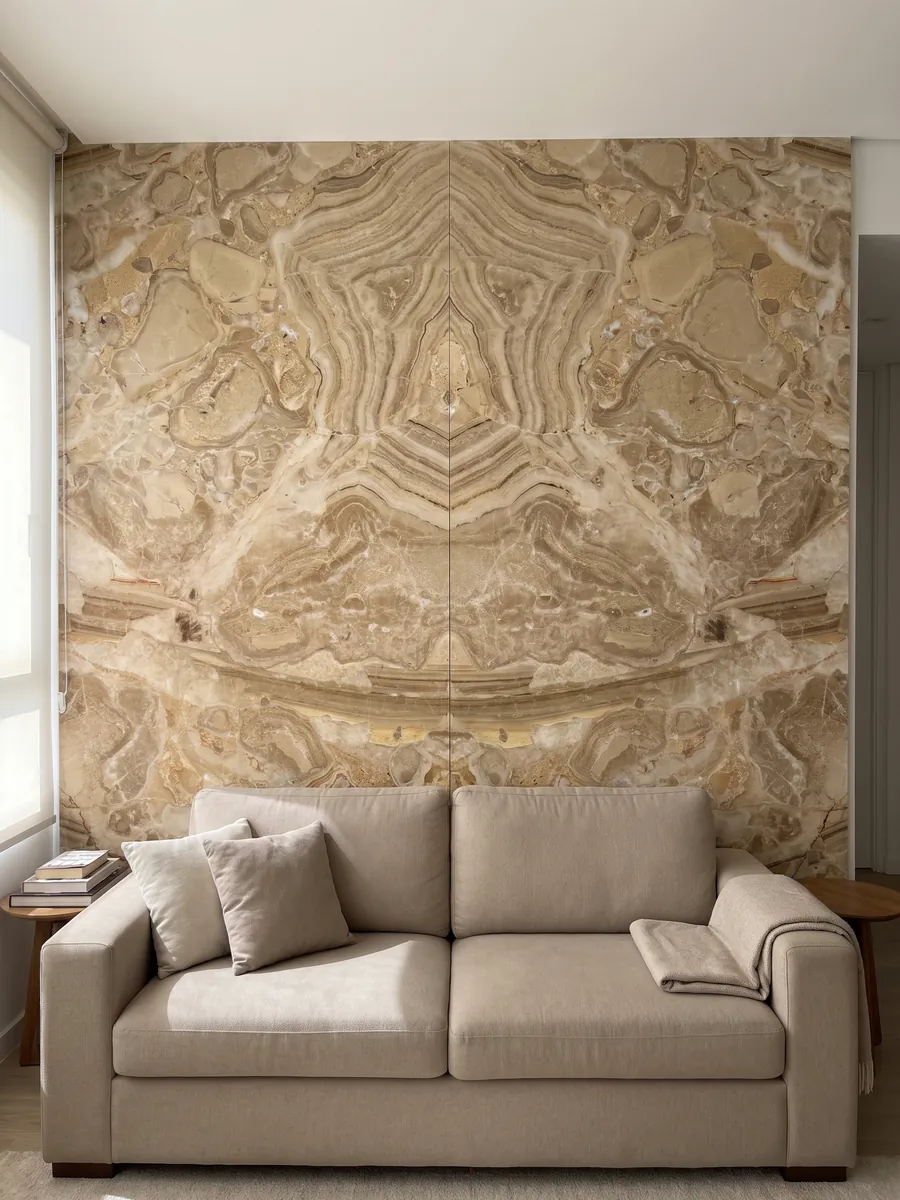 Pared de sala revestida con placas de mármol beige Breccia Oniciata abiertas en libro detrás de un sofá: fragmentos beige dorado con ondas concéntricas y una banda marrón rayada abajo