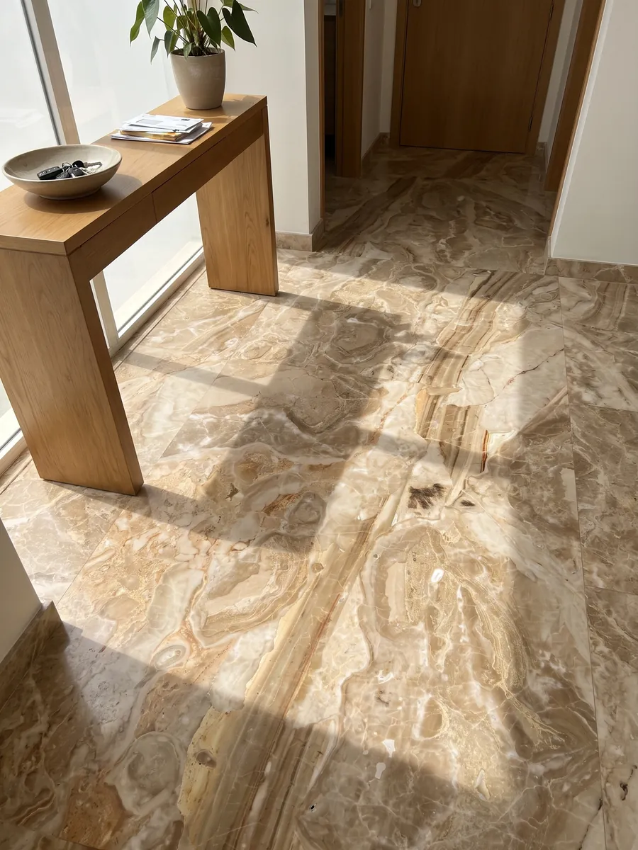 Piso de recibidor en placas grandes de mármol beige Breccia Oniciata con luz natural: fragmentos beige dorado con ondas concéntricas y una banda marrón rayada abajo
