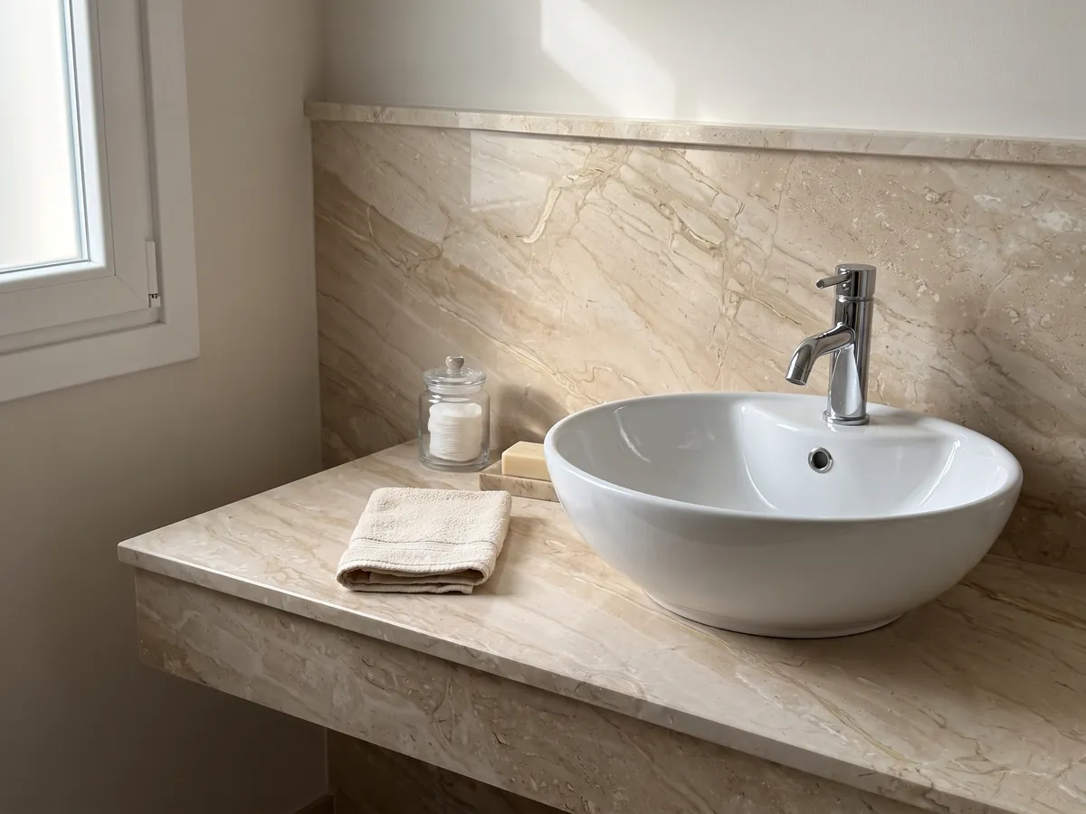 Cubierta de lavabo y pared de baño en mármol beige Breccia Sarda con lavamanos blanco y grifería cromada: beige cálido con vetas crema y marrón claro en diagonal