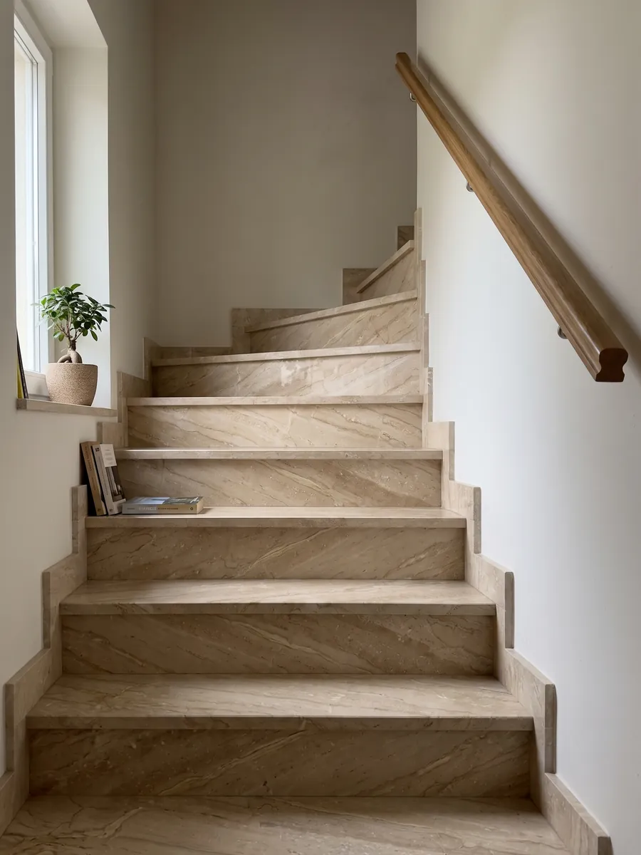 Escalera interior con peldaños de mármol beige Breccia Sarda con pasamanos: beige cálido con vetas crema y marrón claro en diagonal