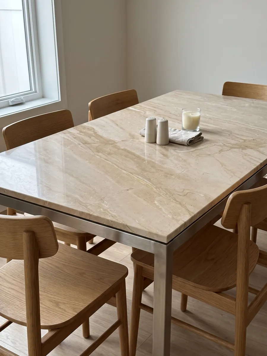 Mesa de comedor con cubierta de mármol beige Breccia Sarda sobre base de acero: beige cálido con vetas crema y marrón claro en diagonal
