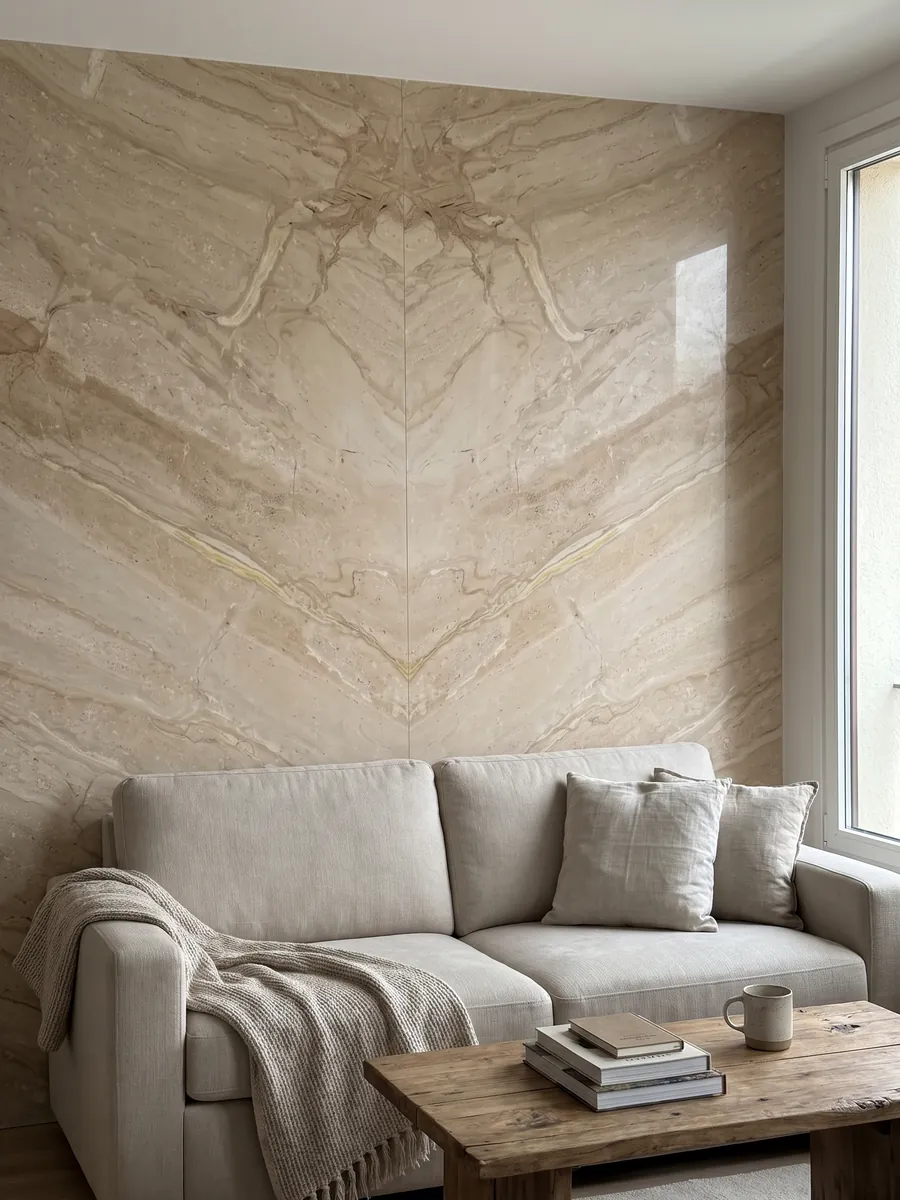 Pared de sala revestida con placas de mármol beige Breccia Sarda abiertas en libro detrás de un sofá: beige cálido con vetas crema y marrón claro en diagonal