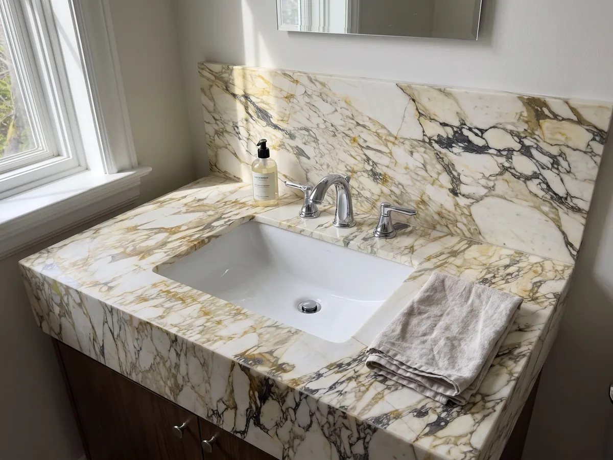 Cubierta de lavabo y pared de baño en mármol beige Calacatta Monet Gold con lavamanos blanco y grifería cromada: fragmentos crema en una red densa de vetas doradas y grises