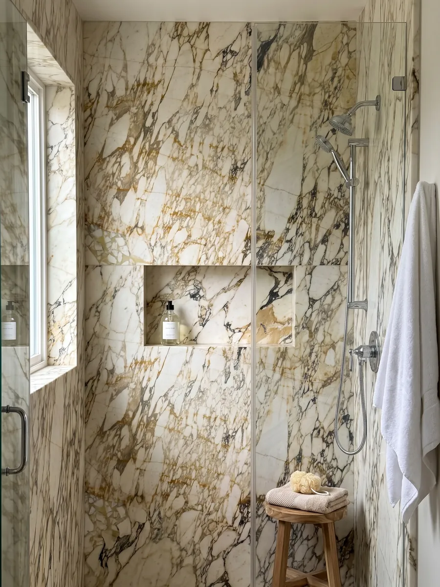 Ducha revestida con placas enteras de mármol beige Calacatta Monet Gold con nicho empotrado: fragmentos crema en una red densa de vetas doradas y grises