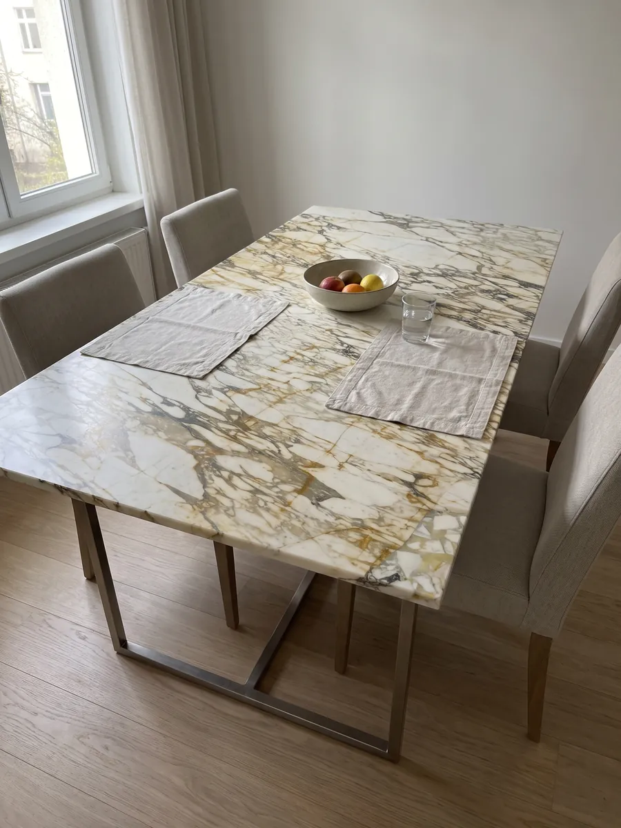 Mesa de comedor con cubierta de mármol beige Calacatta Monet Gold sobre base de acero: fragmentos crema en una red densa de vetas doradas y grises