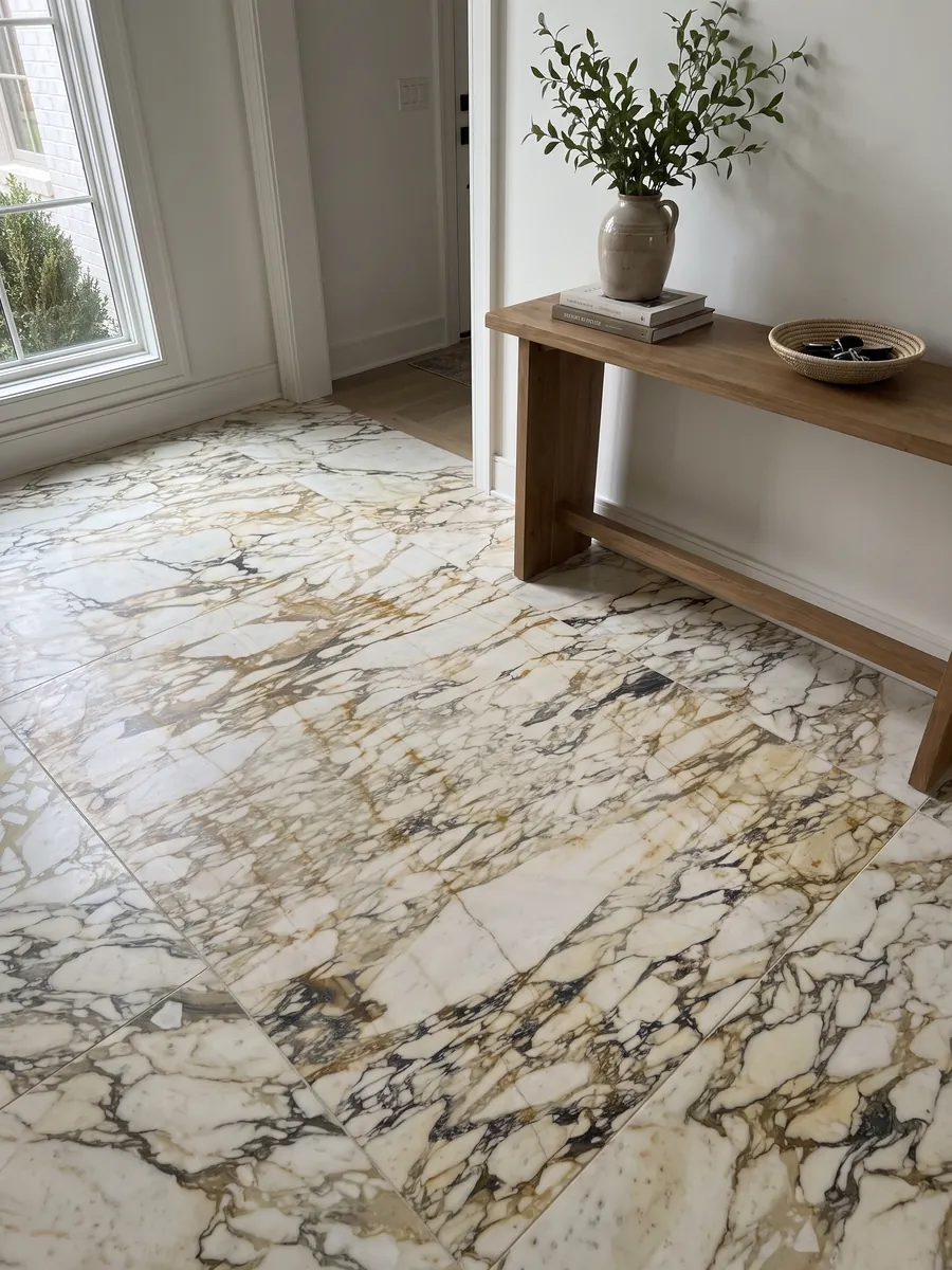 Piso de recibidor en placas grandes de mármol beige Calacatta Monet Gold con luz natural: fragmentos crema en una red densa de vetas doradas y grises