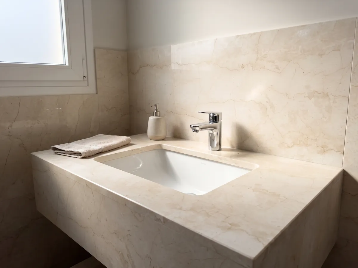 Cubierta de lavabo y pared de baño en mármol beige Cremo Italia con lavamanos blanco y grifería cromada: crema claro con pocas vetas beige finas