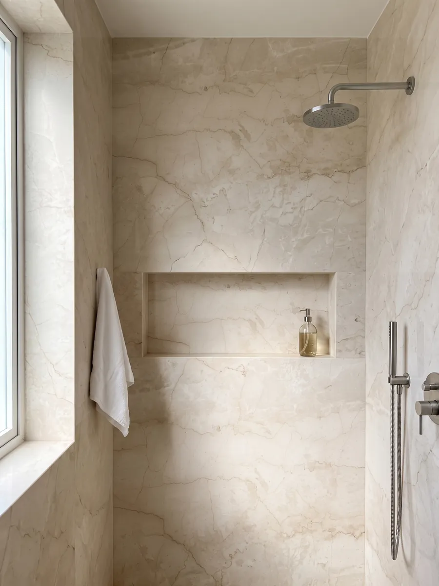 Ducha revestida con placas enteras de mármol beige Cremo Italia con nicho empotrado: crema claro con pocas vetas beige finas