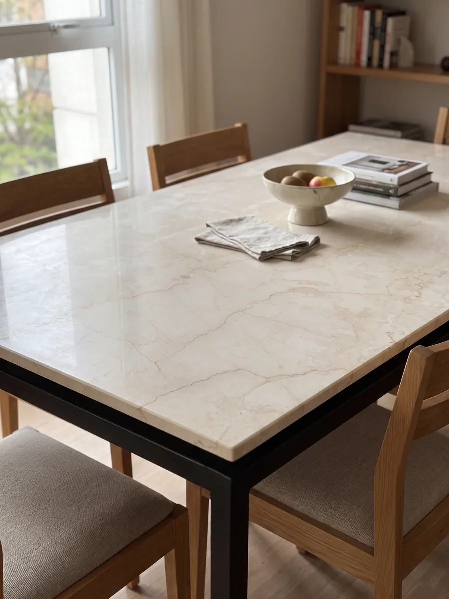 Mesa de comedor con cubierta de mármol beige Cremo Italia sobre base de acero: crema claro con pocas vetas beige finas