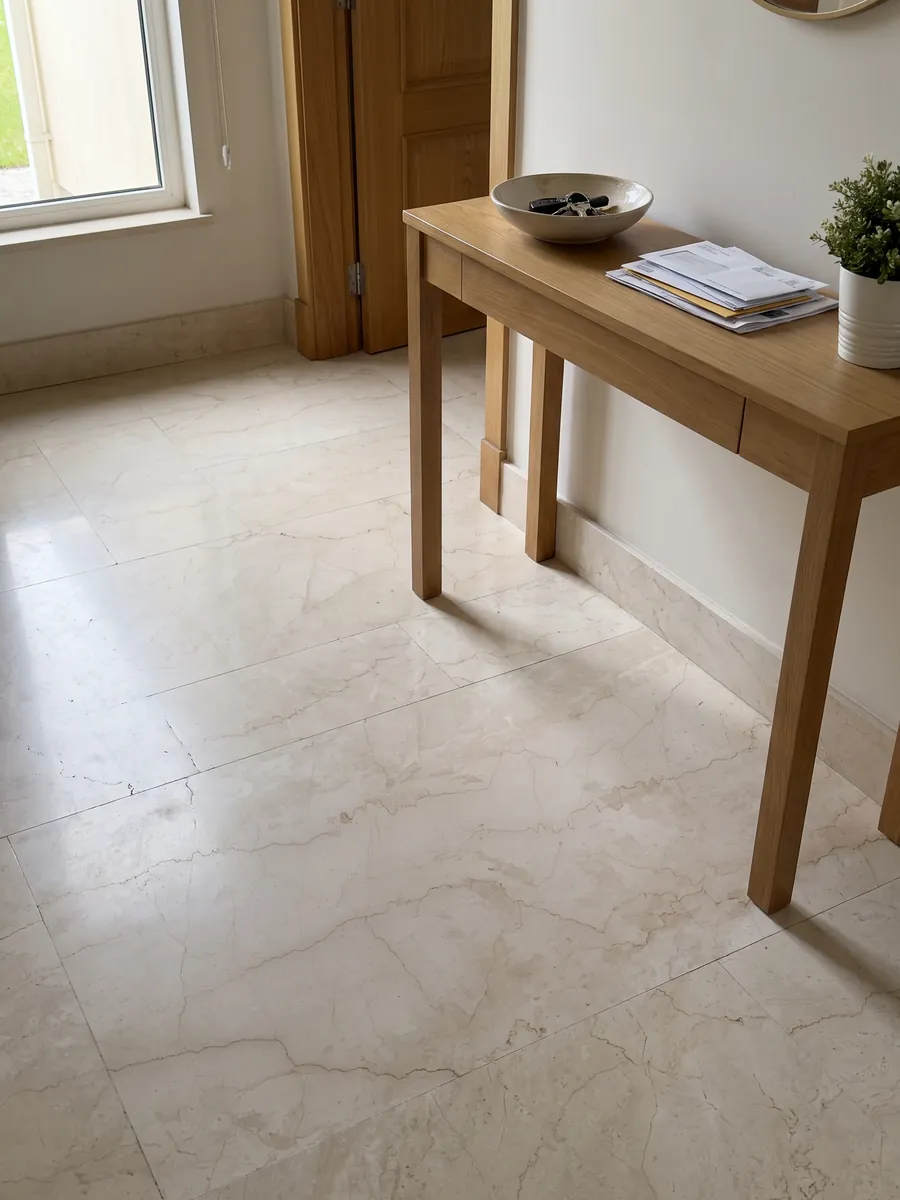 Piso de recibidor en placas grandes de mármol beige Cremo Italia con luz natural: crema claro con pocas vetas beige finas