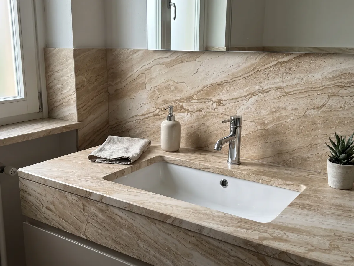 Cubierta de lavabo y pared de baño en mármol beige Daino Reale con lavamanos blanco y grifería cromada: beige con vetas finas paralelas en diagonal tipo madera