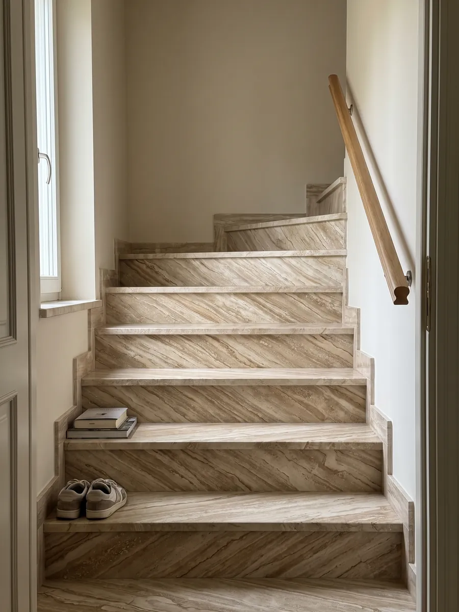 Escalera interior con peldaños de mármol beige Daino Reale con pasamanos: beige con vetas finas paralelas en diagonal tipo madera