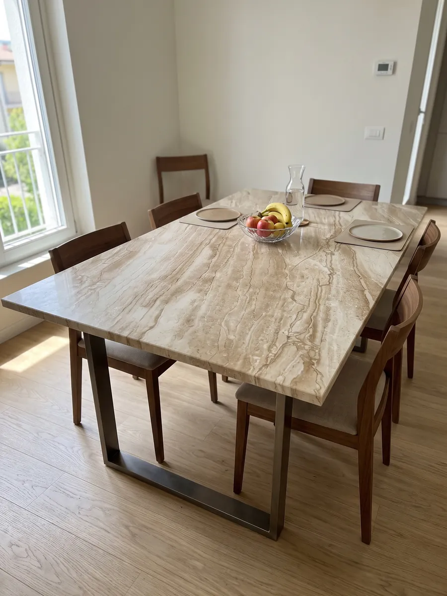 Mesa de comedor con cubierta de mármol beige Daino Reale sobre base de acero: beige con vetas finas paralelas en diagonal tipo madera