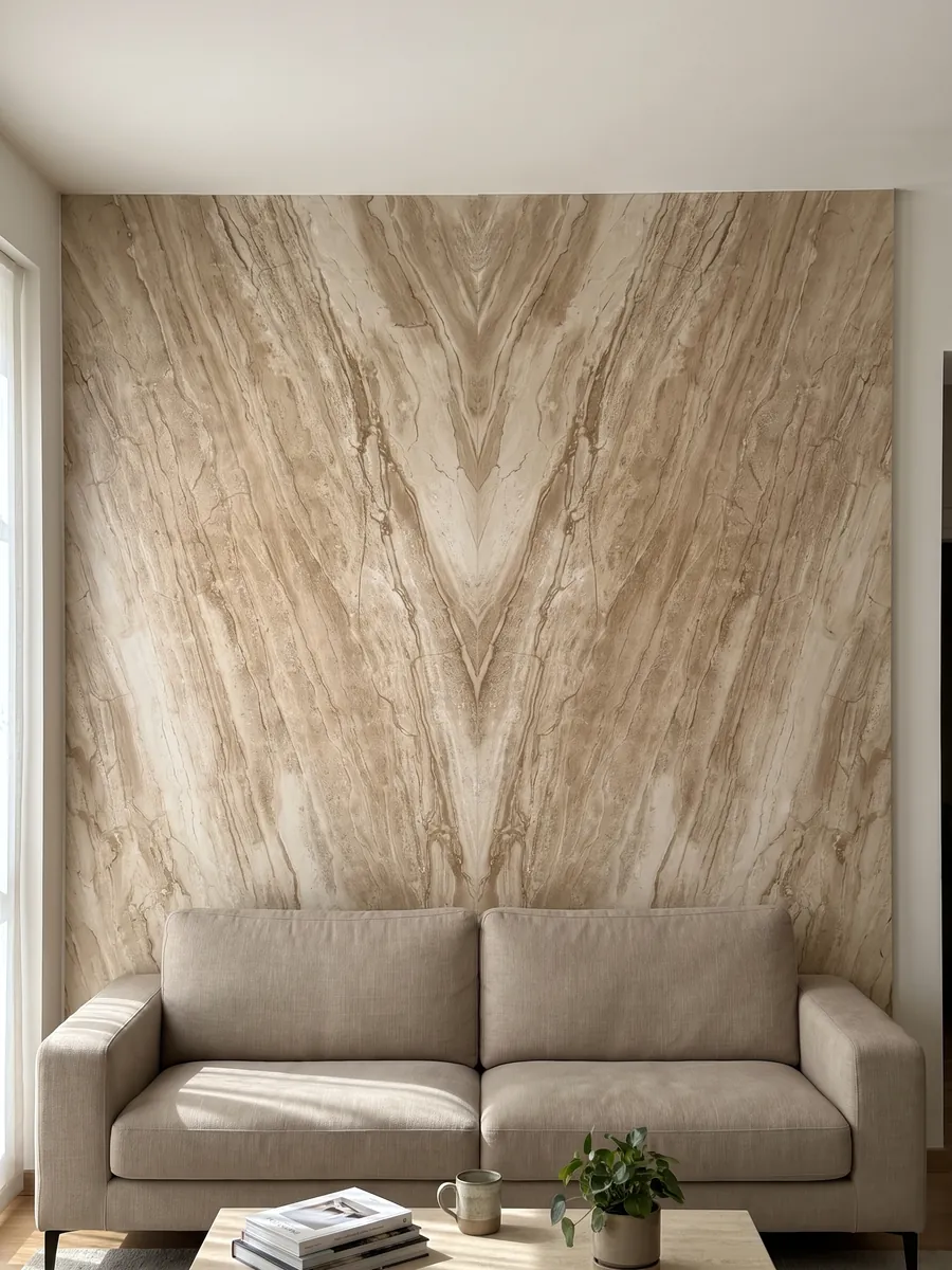 Pared de sala revestida con placas de mármol beige Daino Reale abiertas en libro detrás de un sofá: beige con vetas finas paralelas en diagonal tipo madera