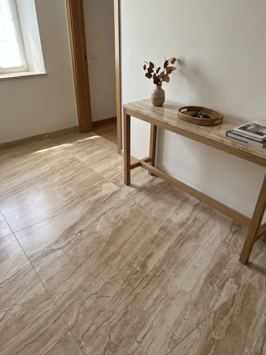 Piso de recibidor en placas grandes de mármol beige Daino Reale con luz natural: beige con vetas finas paralelas en diagonal tipo madera