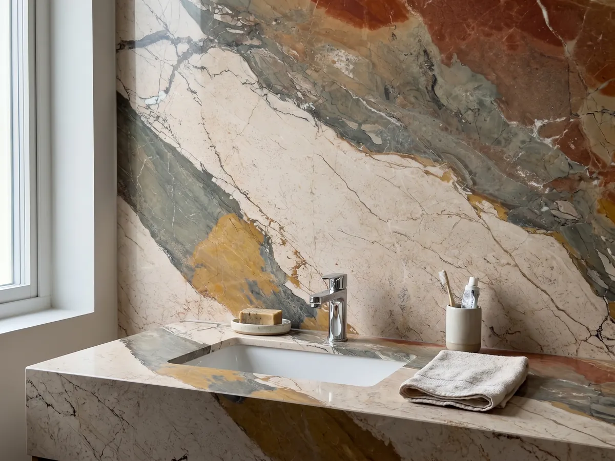 Cubierta de lavabo y pared de baño en mármol beige Etna con lavamanos blanco y grifería cromada: franjas diagonales de cuatro colores muy distintos: crema, gris verdoso, ocre y rojo óxido