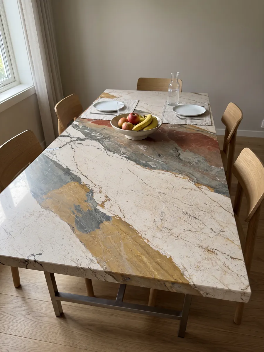 Mesa de comedor con cubierta de mármol beige Etna sobre base de acero: franjas diagonales de cuatro colores muy distintos: crema, gris verdoso, ocre y rojo óxido