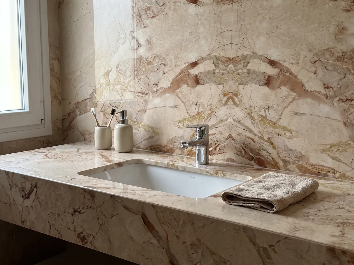Cubierta de lavabo y pared de baño en mármol beige Golden Vein con lavamanos blanco y grifería cromada: fragmentos beige rosado separados por manchas terracota; el dibujo parece reflejado en espejo