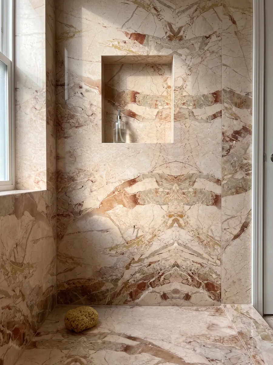 Ducha revestida con placas enteras de mármol beige Golden Vein con nicho empotrado: fragmentos beige rosado separados por manchas terracota; el dibujo parece reflejado en espejo