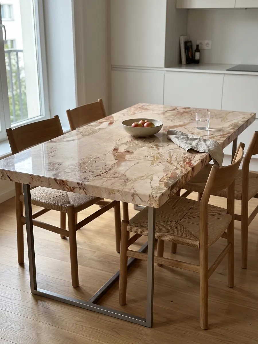 Mesa de comedor con cubierta de mármol beige Golden Vein sobre base de acero: fragmentos beige rosado separados por manchas terracota; el dibujo parece reflejado en espejo