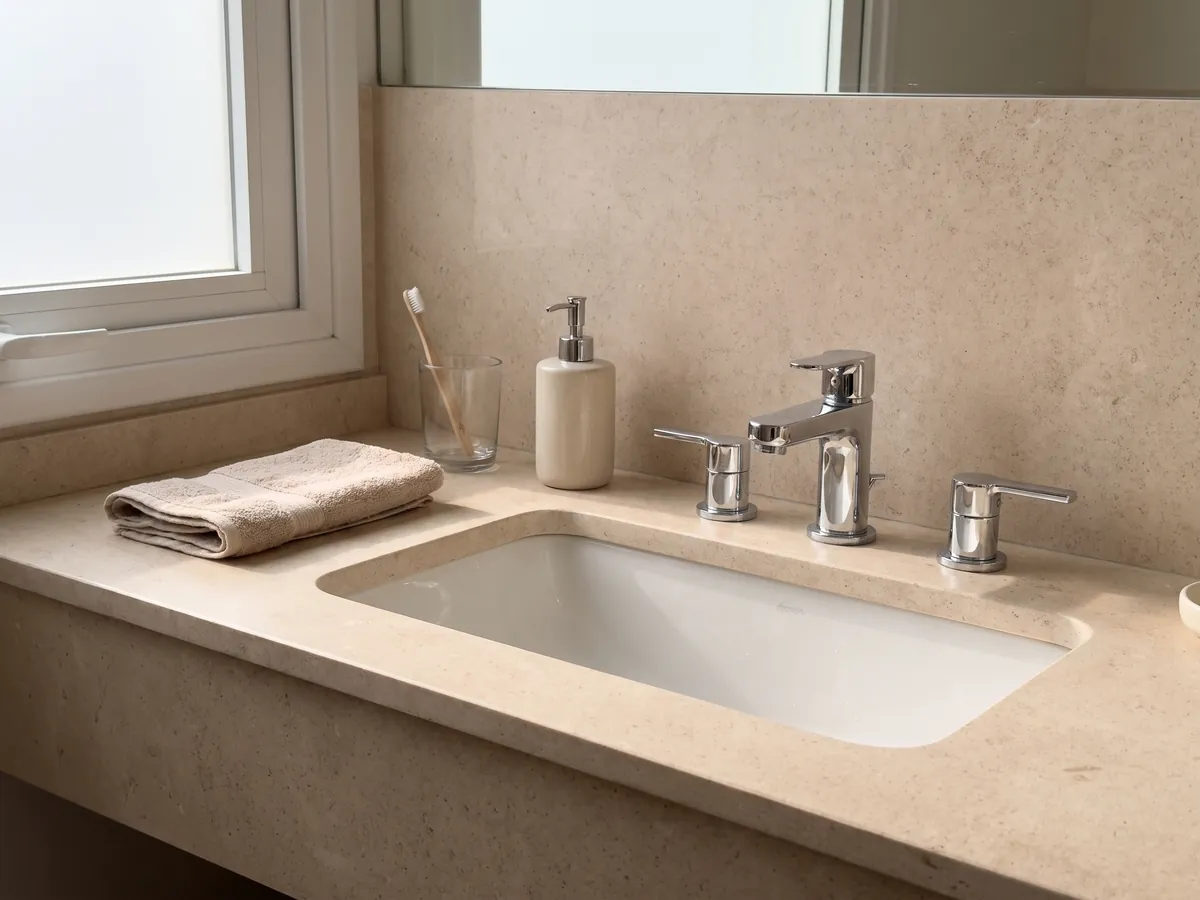 Cubierta de lavabo y pared de baño en mármol beige Masai con lavamanos blanco y grifería cromada: crema rosado claro y parejo, de grano fino sin vetas