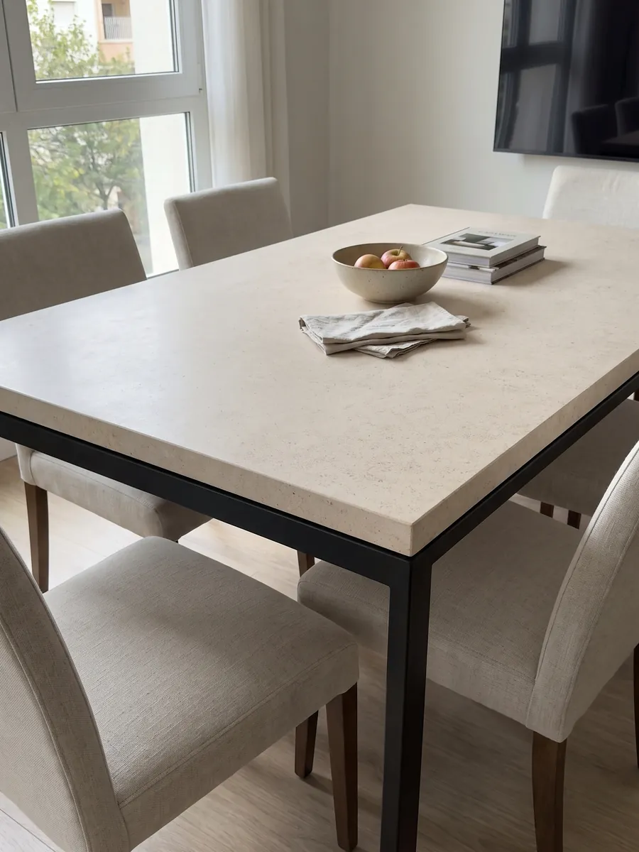Mesa de comedor con cubierta de mármol beige Masai sobre base de acero: crema rosado claro y parejo, de grano fino sin vetas