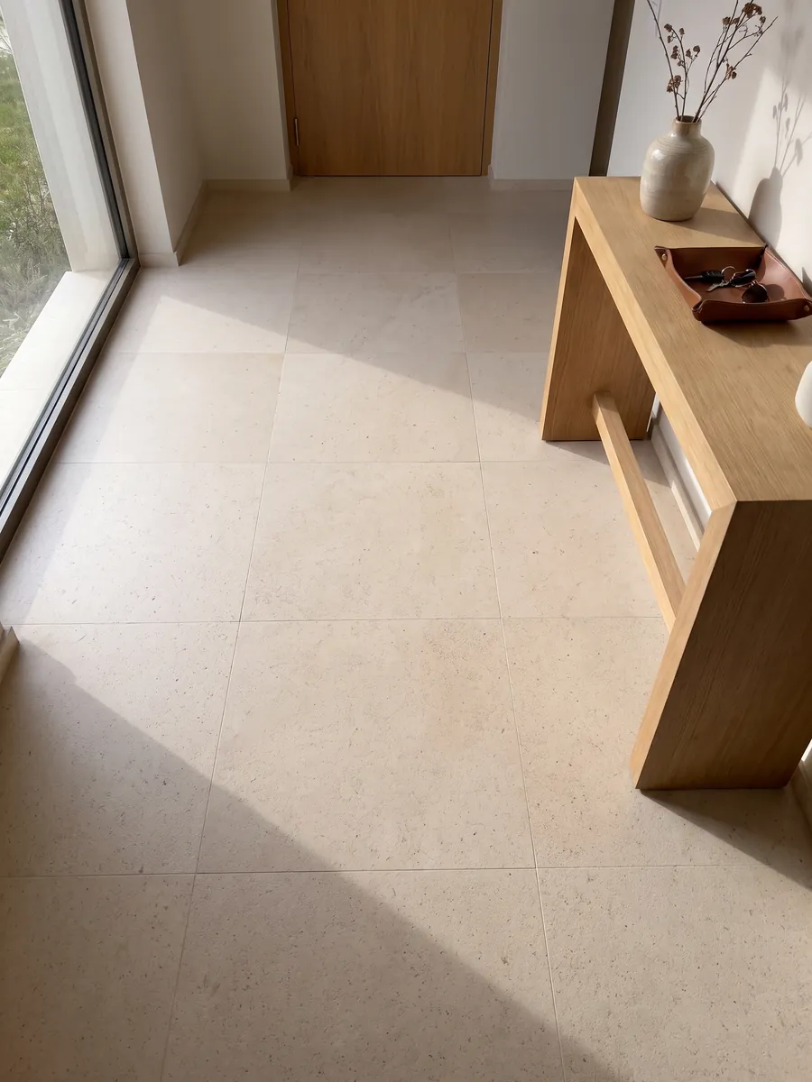Piso de recibidor en placas grandes de mármol beige Masai con luz natural: crema rosado claro y parejo, de grano fino sin vetas
