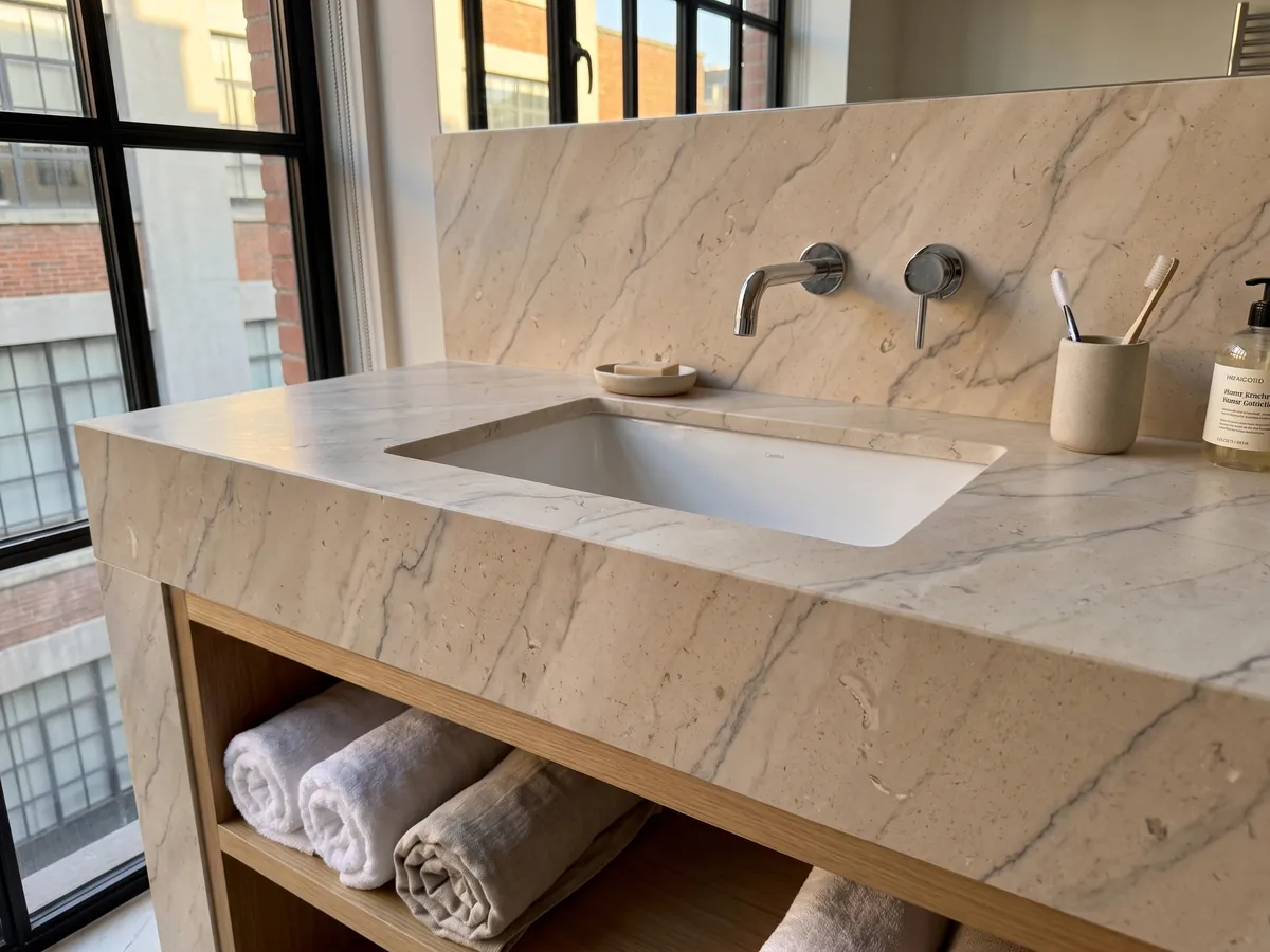 Cubierta de lavabo y pared de baño en Mármol Beige Maya con lavamanos blanco y grifería cromada: beige cálido con vetas grises suaves y pequeños fósiles