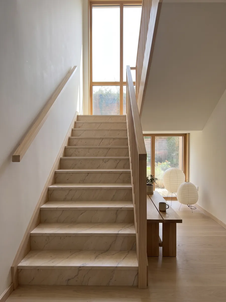 Escalera interior con peldaños de Mármol Beige Maya con pasamanos: beige cálido con vetas grises suaves y pequeños fósiles