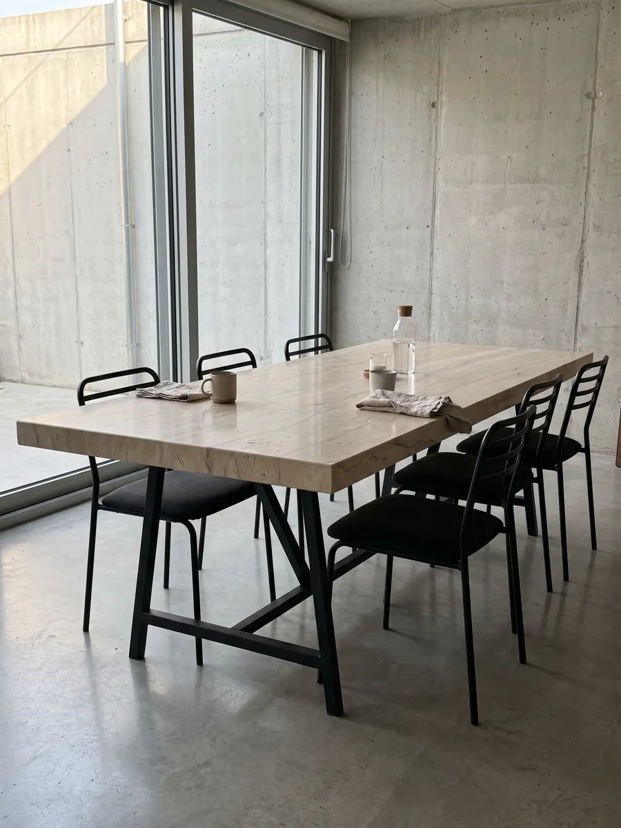 Mesa de comedor con cubierta de Mármol Beige Maya sobre base de acero: beige cálido con vetas grises suaves y pequeños fósiles
