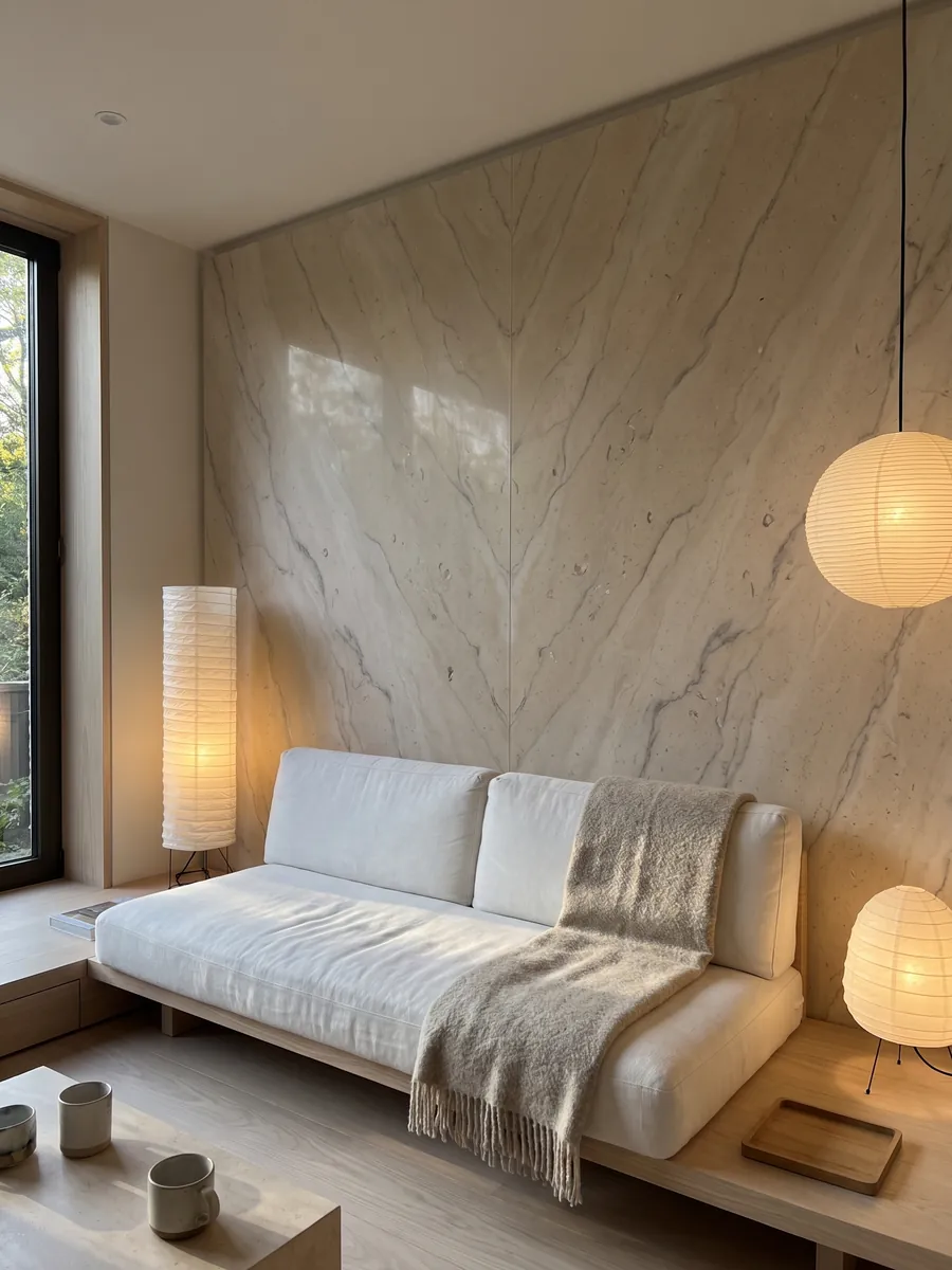 Pared de sala revestida con placas de Mármol Beige Maya abiertas en libro detrás de un sofá: beige cálido con vetas grises suaves y pequeños fósiles