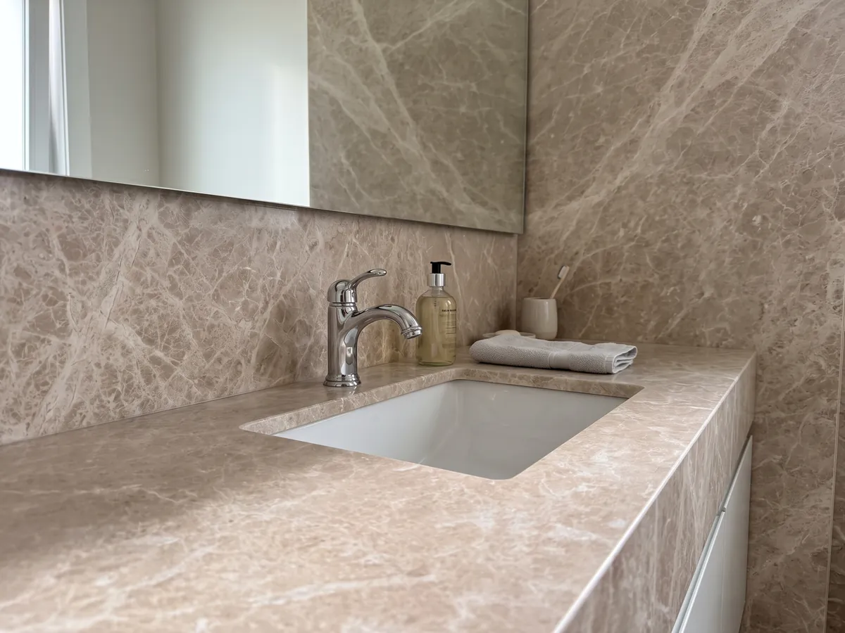 Cubierta de lavabo y pared de baño en mármol beige Monaco Claro con lavamanos blanco y grifería cromada: beige rosado con una red fina y pareja de vetas color crema
