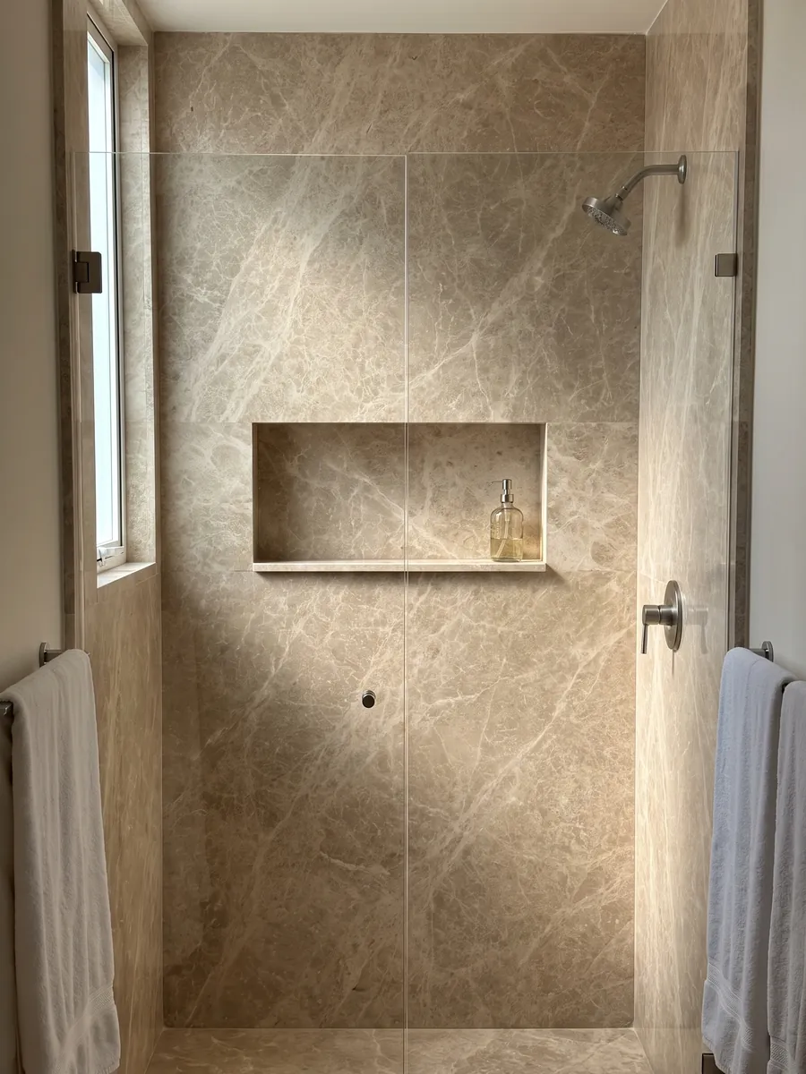 Ducha revestida con placas enteras de mármol beige Monaco Claro con nicho empotrado: beige rosado con una red fina y pareja de vetas color crema